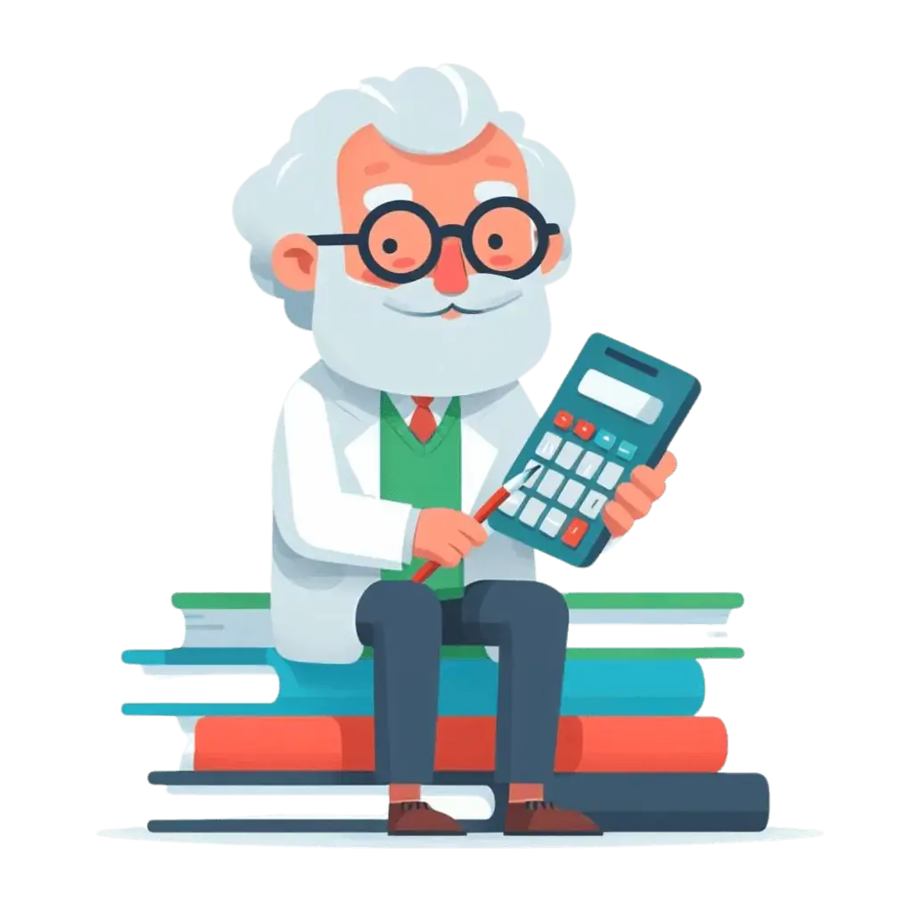 Stary profesor siedzi na stosie książek z kalkulatorem w rękach